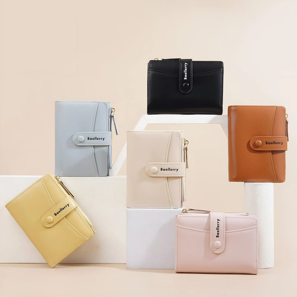 Women's PU short wallet showing six colour options: pink, black, yellow, blue, apricot and brown
