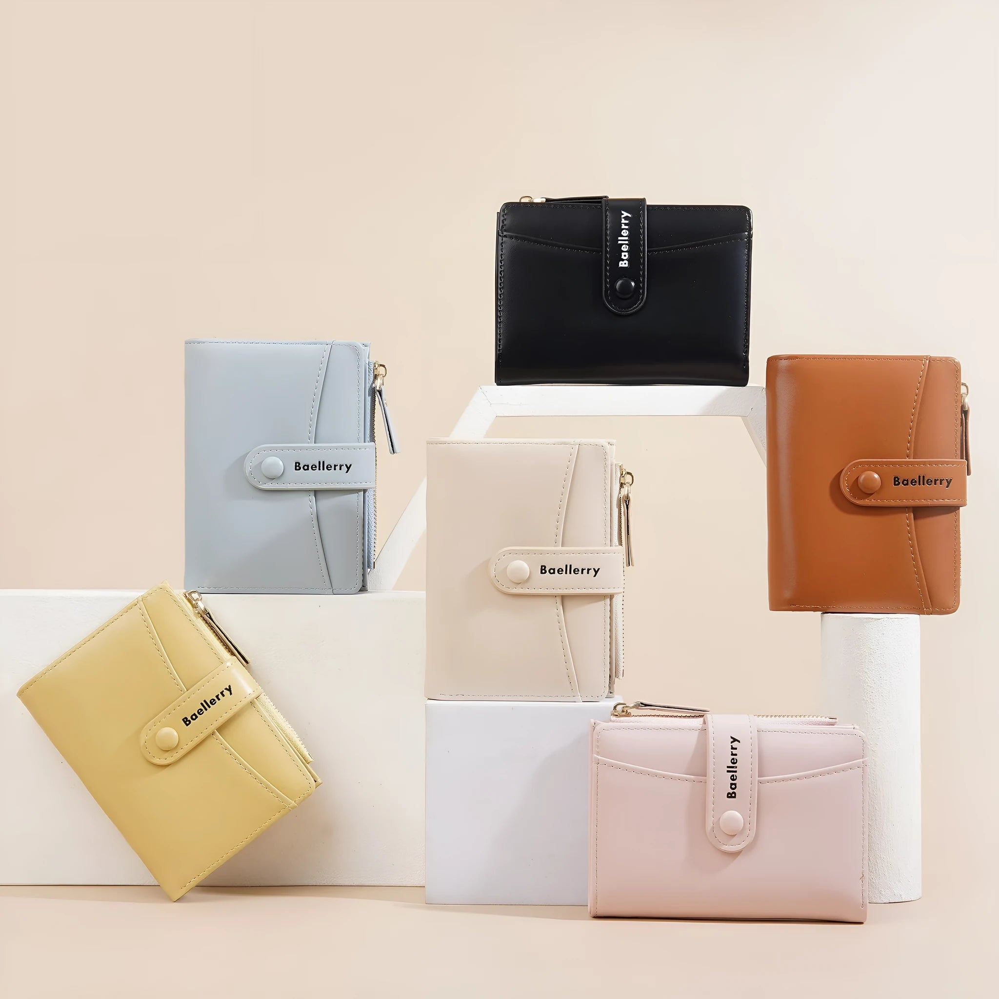 Women's PU short wallet showing six colour options: pink, black, yellow, blue, apricot and brown