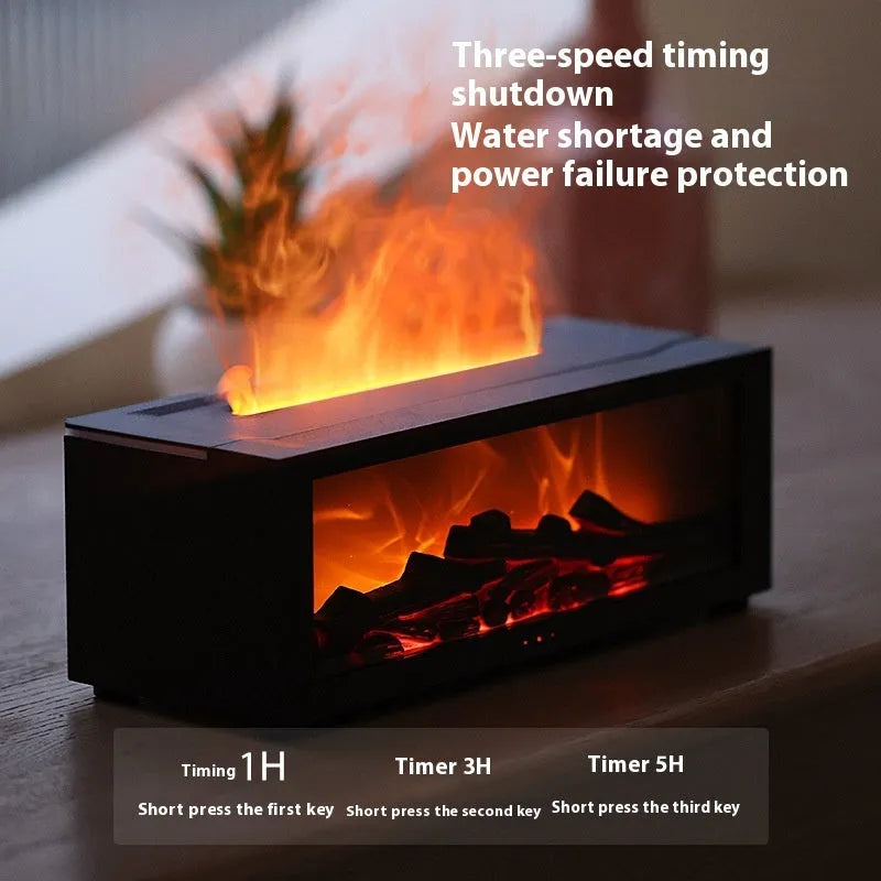 Square desktop aromatherapy diffuser emitting mist with a colourful 3D flame effect and mood lights at the base.