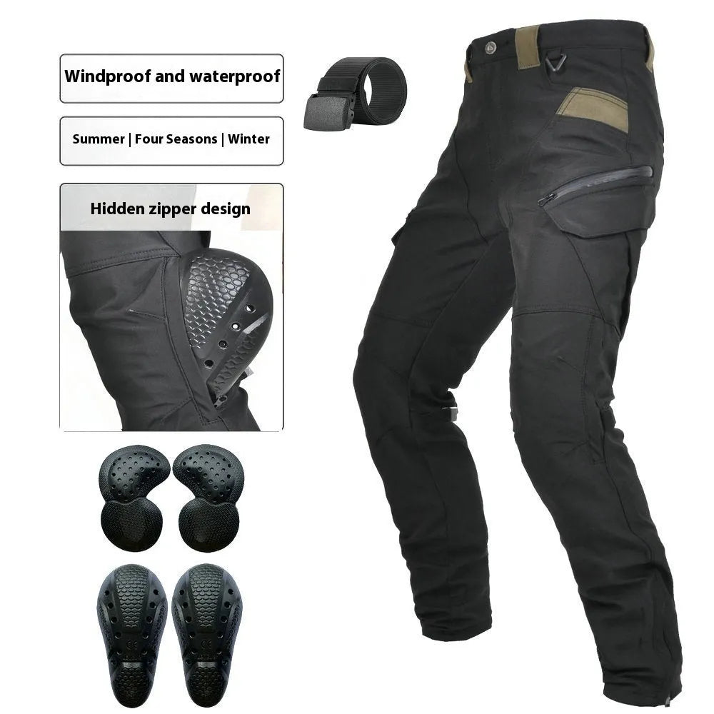 Man wearing green waterproof motorcycle trousers with belt and protective gear for cycling.