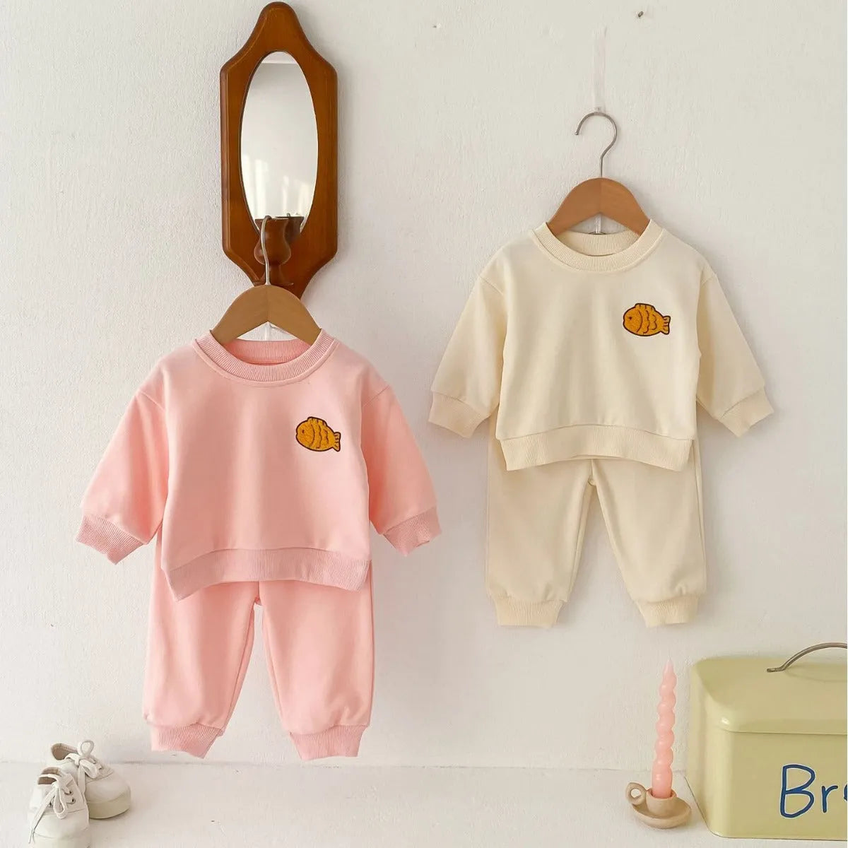 Baby cotton fish embroidered pullover top and ankle banded trousers set in light beige or pink, 73cm to 110cm