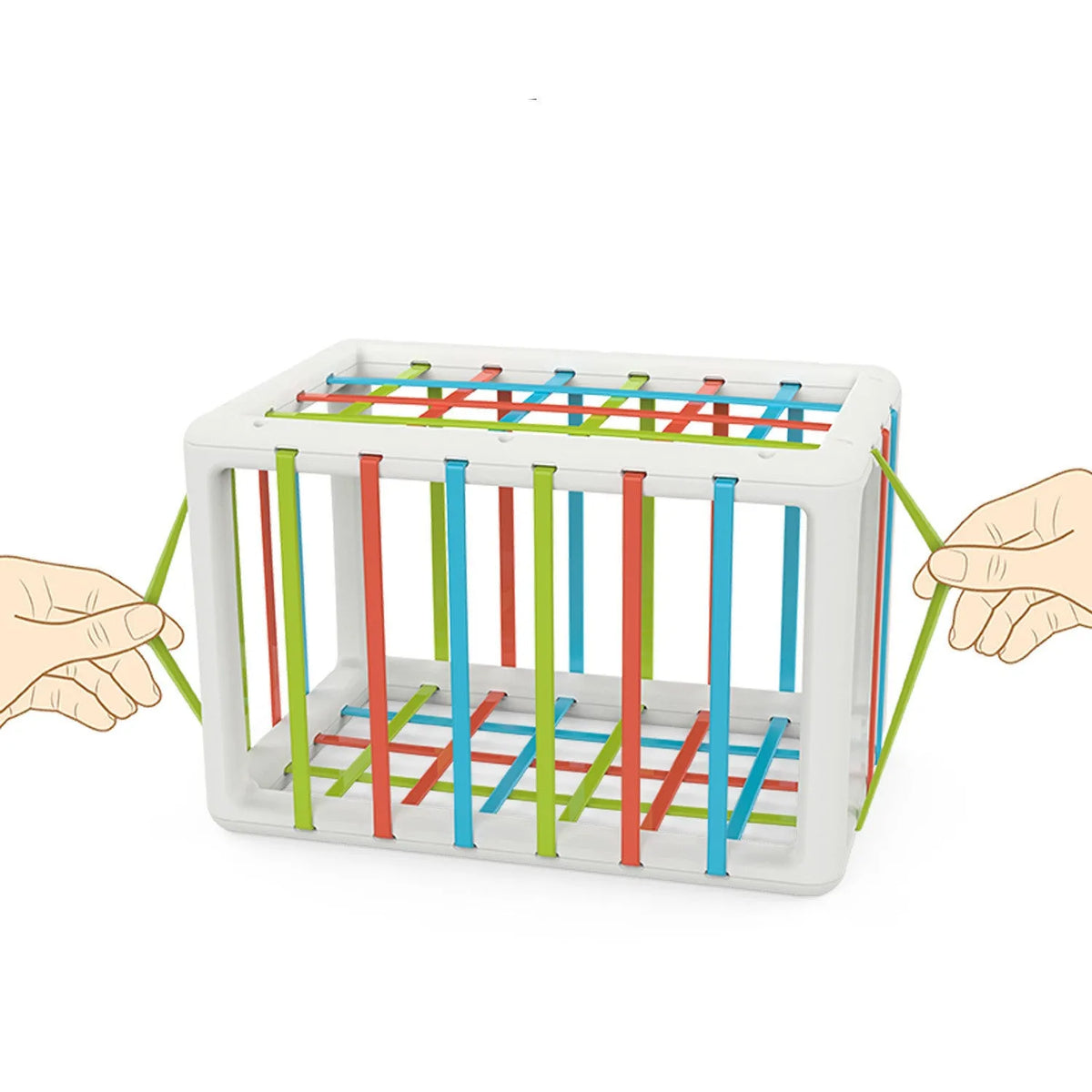 Infant Montessori toy with six plastic shape blocks in rainbow colours on elastic ropes for grip training