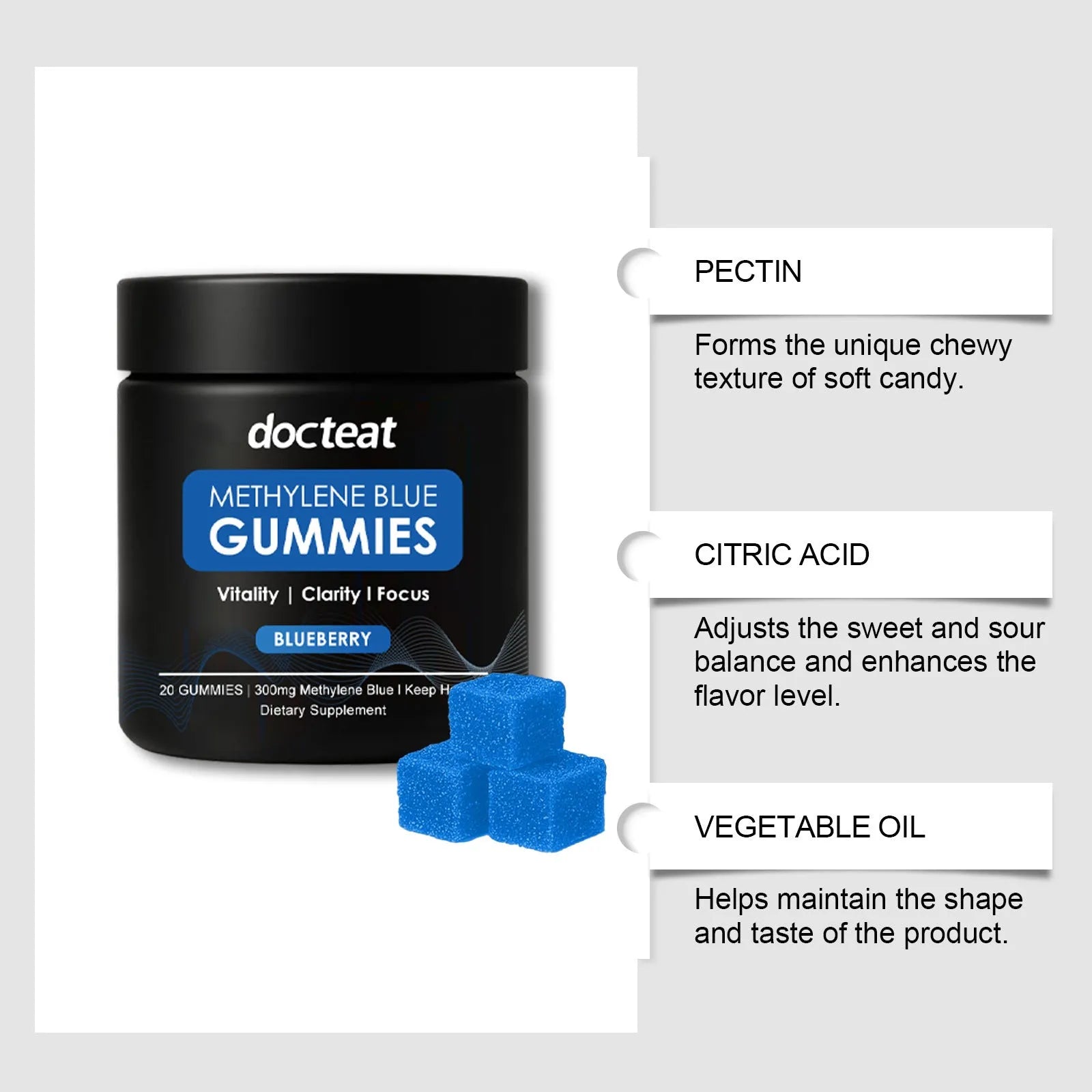Pack of 20 fruit-flavoured soft candy gummies containing Methylene Blue Trihydrate supplement.