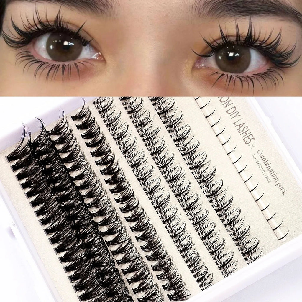 DIY false eyelash glue suit set with segmented artificial fibre lashes and dual-colour glue with brush tweezers