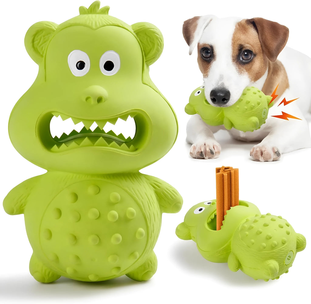 Green and yellow natural rubber dog chew toy with squeaker for large breed dogs