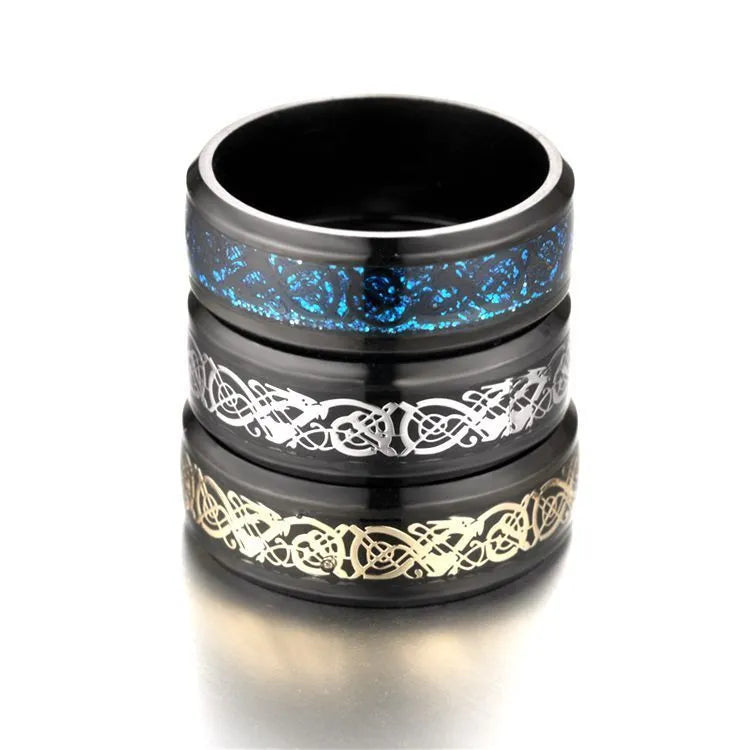 Dragon pattern stainless steel ring in silver, black, gold, blue, or red finish, unisex, sizes 6 to 13