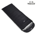 Black outdoor down sleeping bag with envelope structure, shown with a choice of filler weight options.