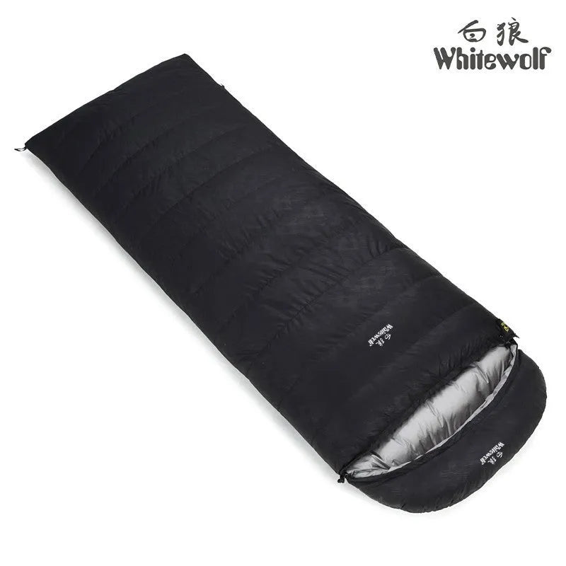 Black outdoor down sleeping bag with envelope structure, shown with a choice of filler weight options.
