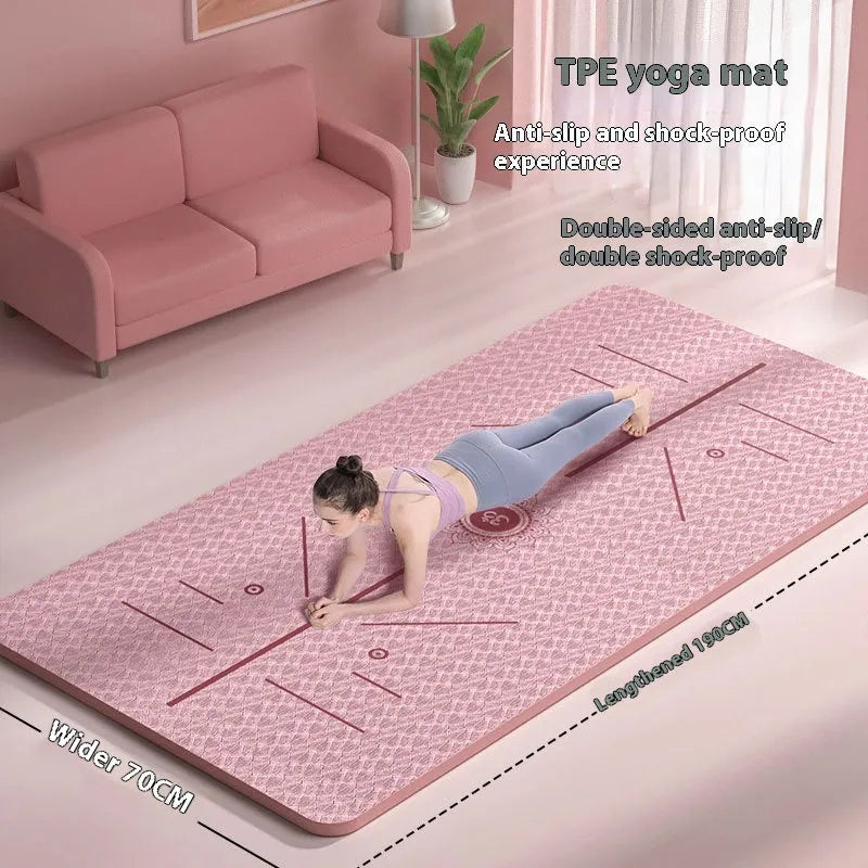 Non-slip TPE fitness training mat showing alignment guide lines, available in multiple colours.