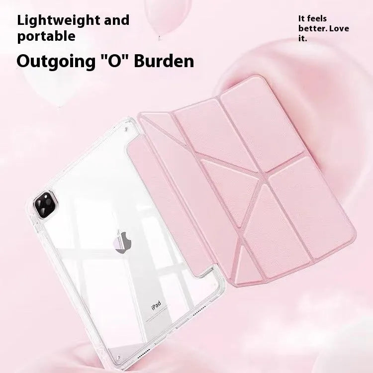 Clear acrylic iPad protective case with a folding stand open, showing colour options.