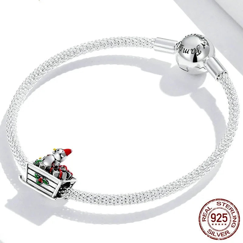 Christmas snowman car S925 sterling silver bead with glossy drip oil finish on white background