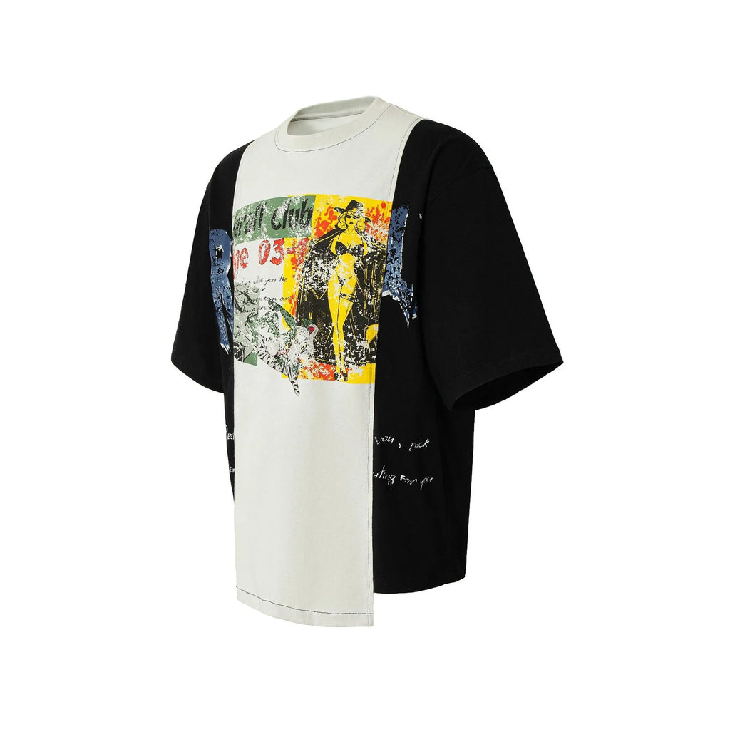 Black and white deconstruction printed t-shirt with loose fit and short sleeves