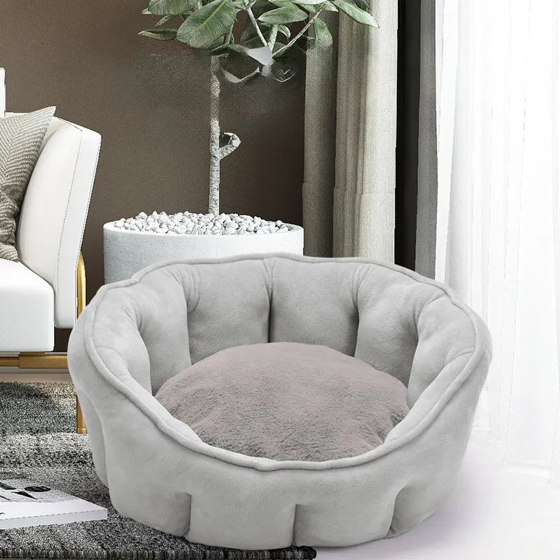 Grey plush cat kennel mat with a removable fabric house, an overhead hammock, and a base for a litter tray.
