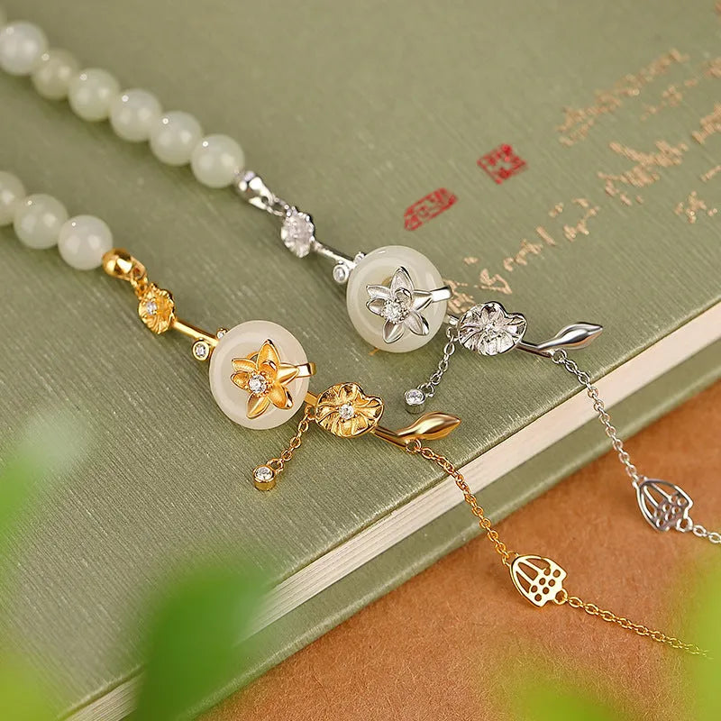 Hetian jade lotus peace buckle silver bracelet for women with retro antique style