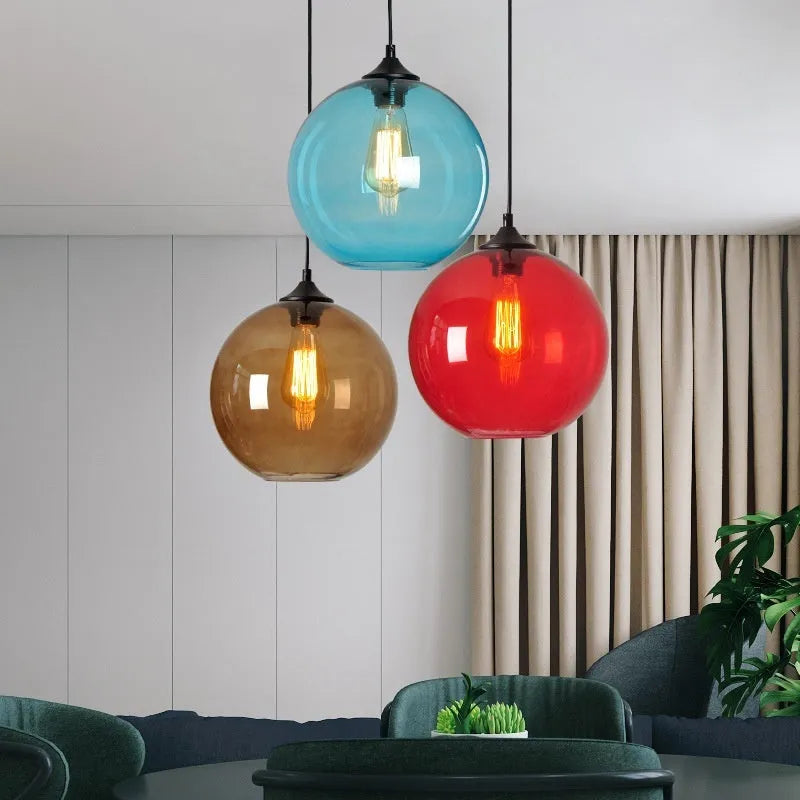 Creative colored glass ball chandelier pendant light in transparent glass, 25cm diameter, ceiling mounted