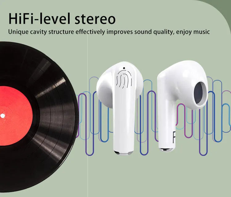 White wireless Bluetooth semi in-ear headphones with a charging case on a solid background.