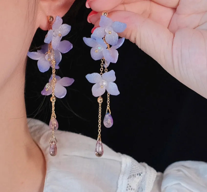 Handmade cold blue purple flower long tassel water drop earrings with gold-plated inlaid artificial gem