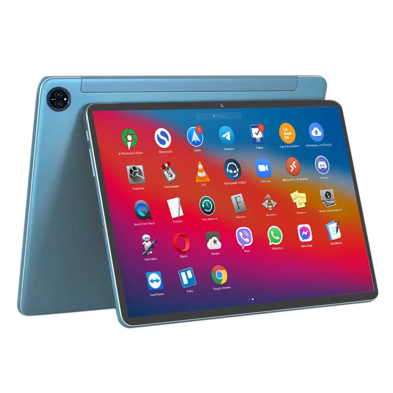 10-inch Android tablet in bare metal blue with screen displaying interface, includes accessories