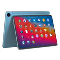 10-inch Android tablet in bare metal blue with screen displaying interface, includes accessories