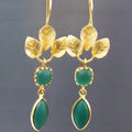 Gold colour drop-shaped earrings with French leaves tassel and water droplet zircon detailing