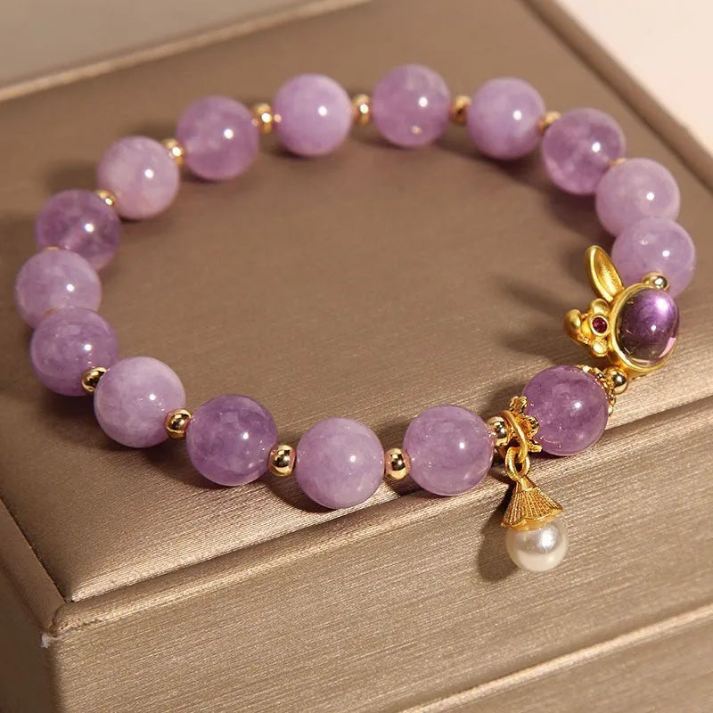 Mauve jade crystal rabbit bracelet with hare head charm in Mori style