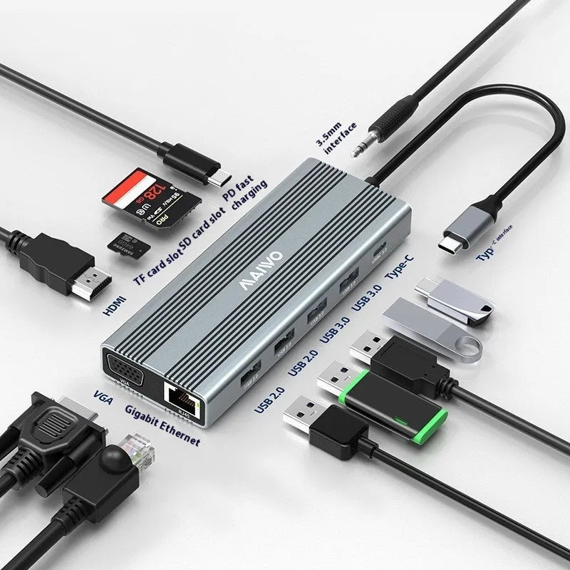 Steam Deck six-in-one USB-C docking station with aluminium shell, showing HDMI, USB 3.0, and RJ45 Ethernet ports.