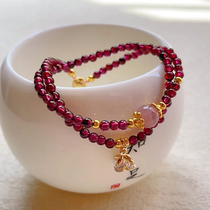 Women's natural garnet bracelet with double ring design and H311 colour stones