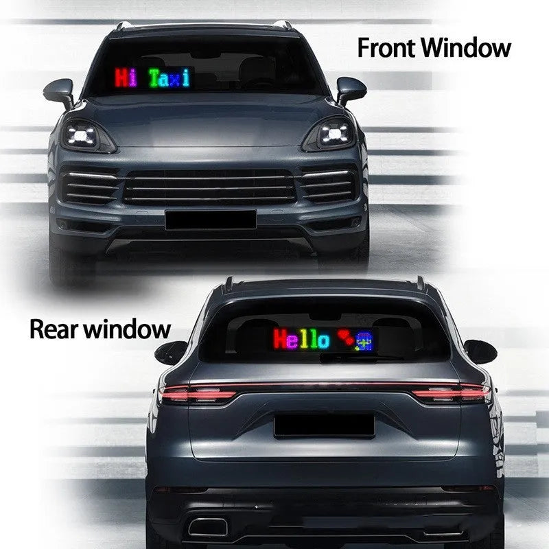Programmable LED car sign with full-colour display showing custom text animation