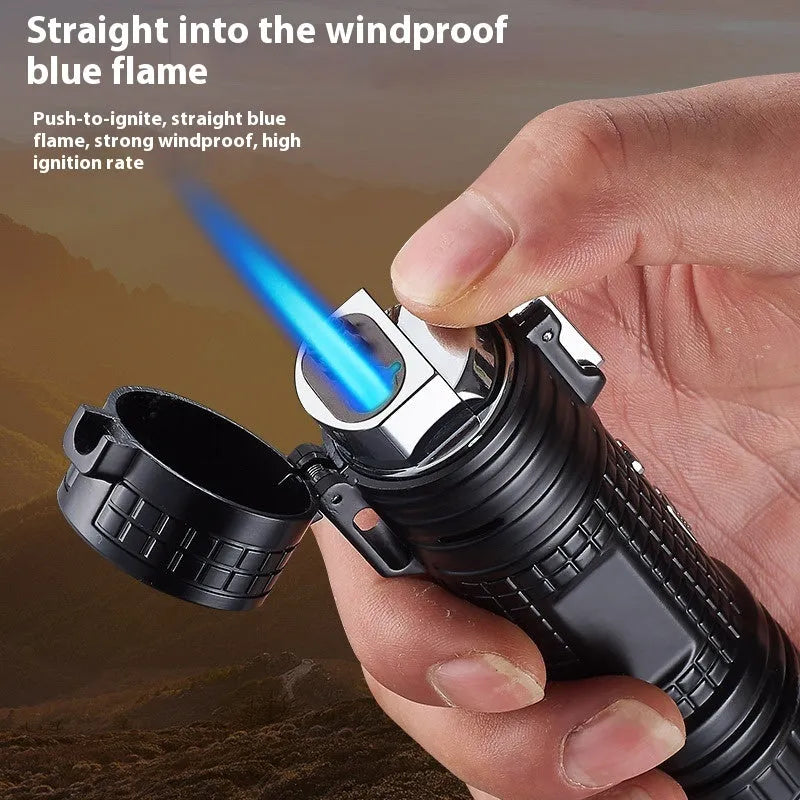 TH727 multifunctional metal flashlight lighter in camouflage, red, black, blue, and yellow colour options