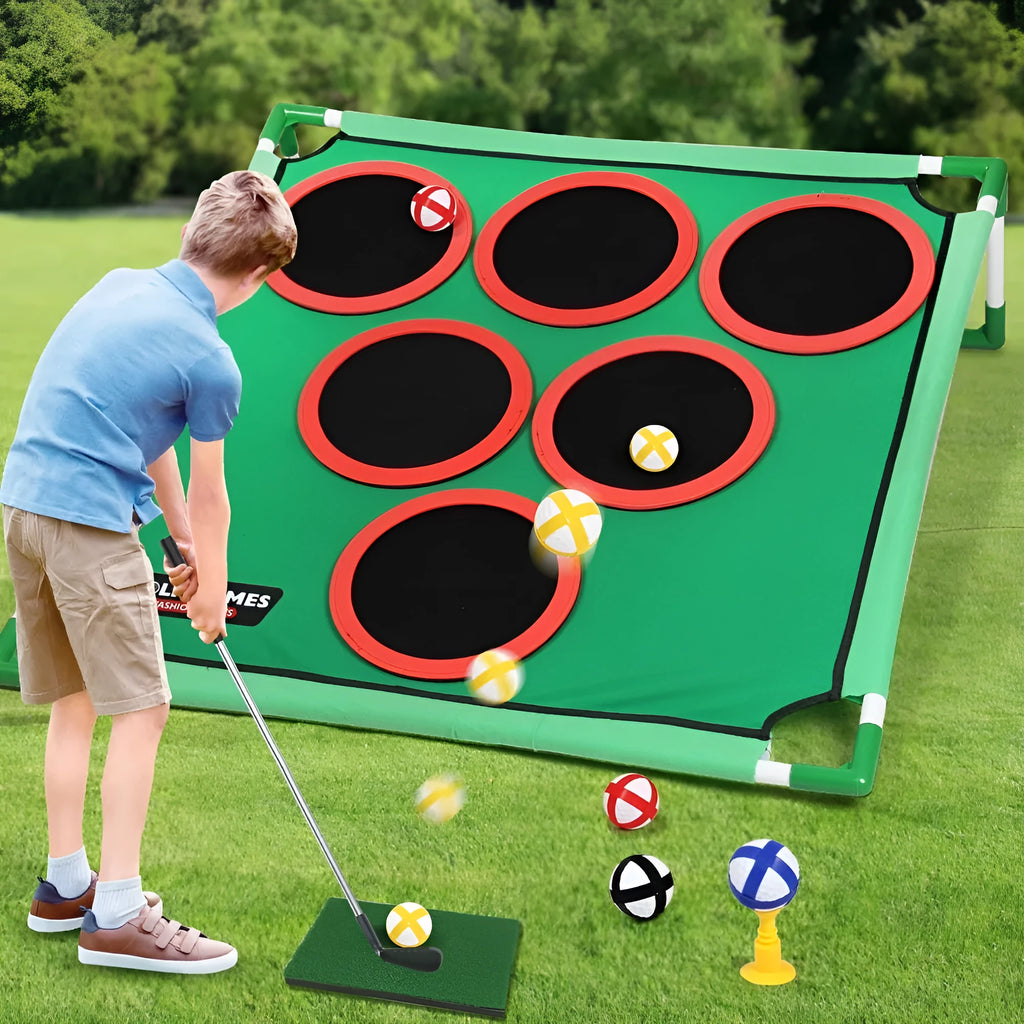 Children's Velcro golf suit toy with plastic and flannel target, available in single or double frame styles, colour box packaging