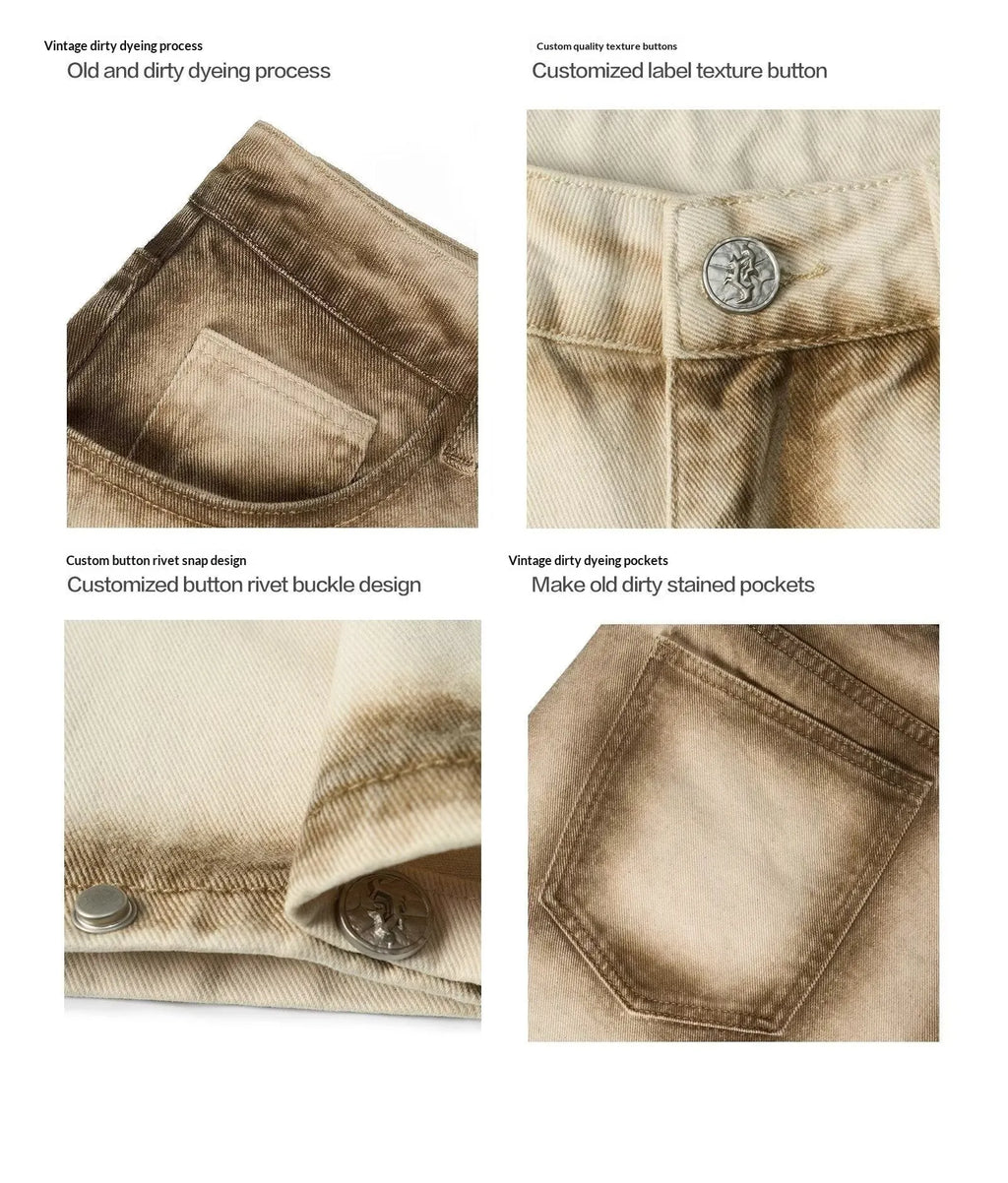 Beige loose straight floor-length cotton pants with mid-rise waist and non-stretch fabric