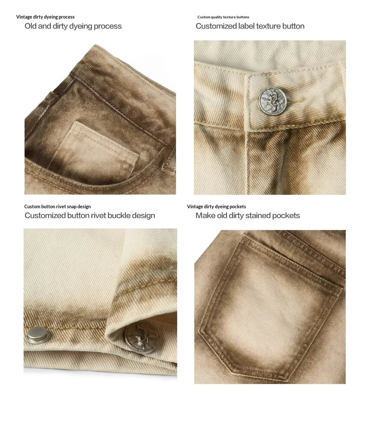 Beige loose straight floor-length cotton pants with mid-rise waist and non-stretch fabric