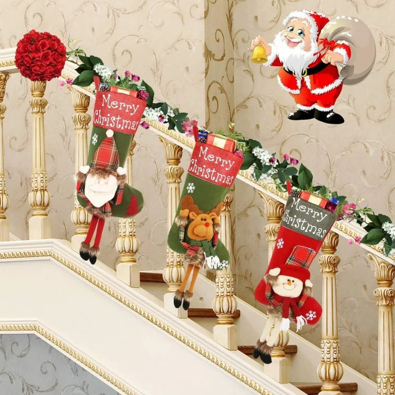 Three large red Christmas stockings with Santa, Snowman and Reindeer 3D applique designs