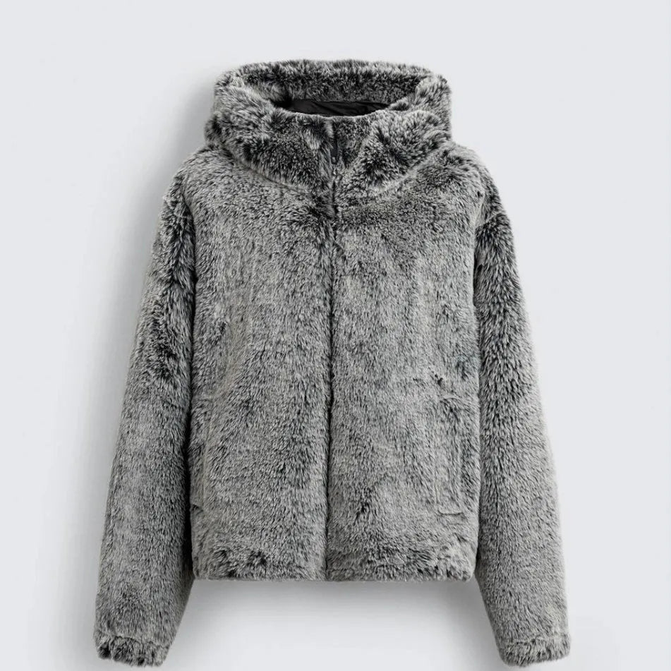 Grey green hooded faux fur jacket coat for men with side pockets and tie-dye pattern