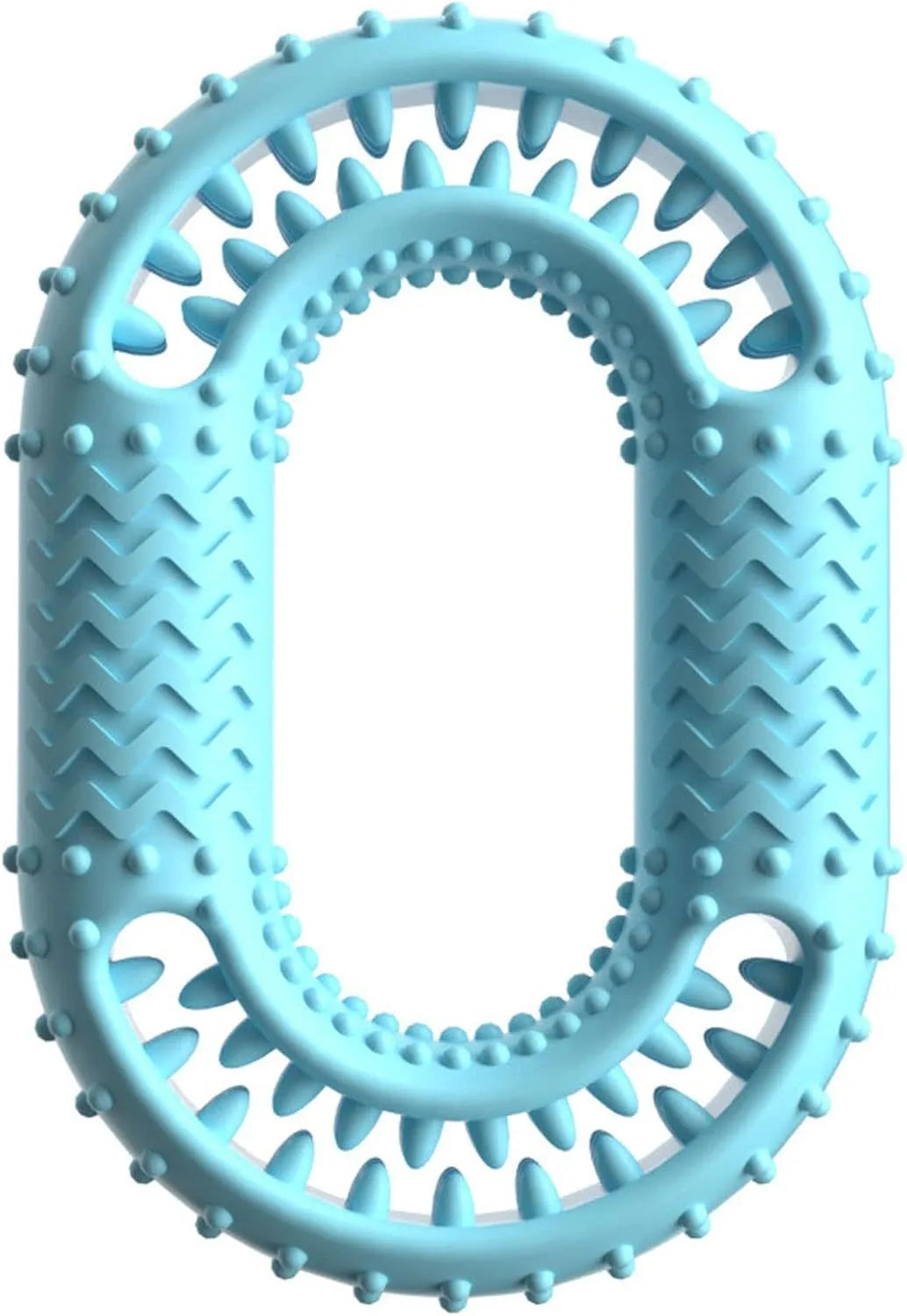 Blue O-ring shaped durable dog chew toy for aggressive chewers on a plain background.