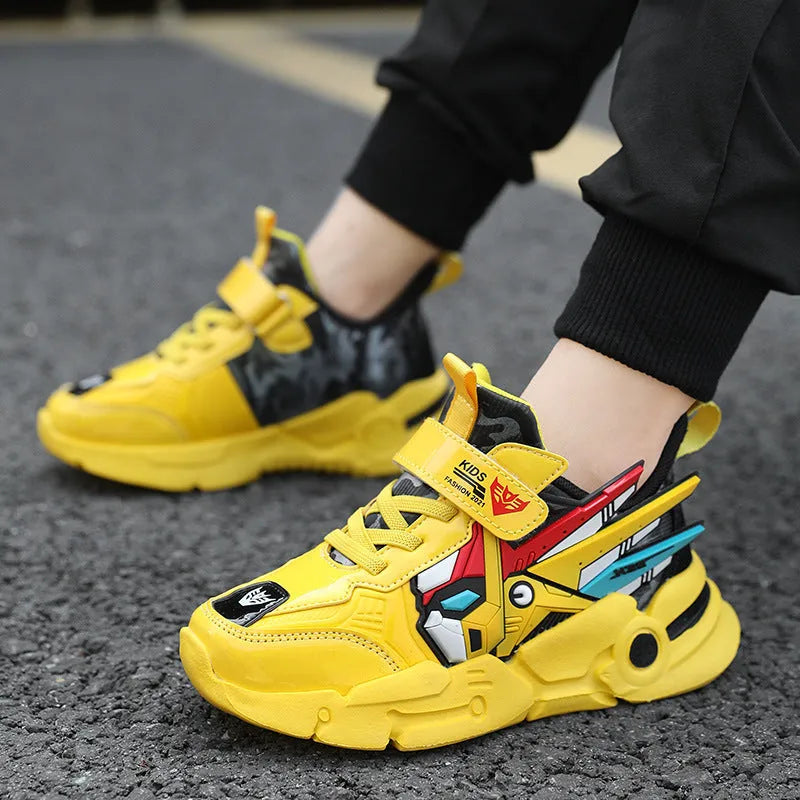 Children's leather surface Velcro running shoes with cartoon pattern in yellow, black red, and lake blue colours