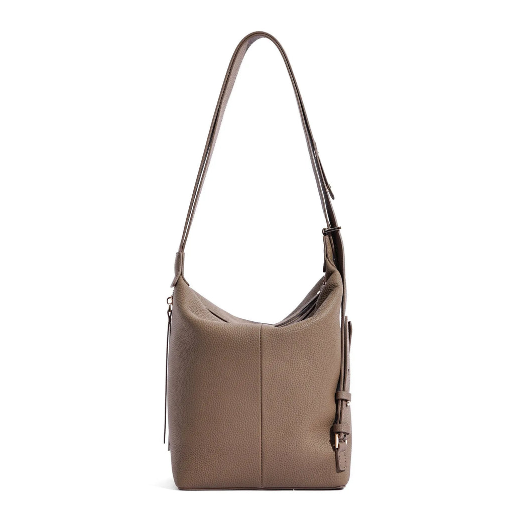 Women's genuine cowhide leather bucket shoulder bag in neutral colour with large capacity