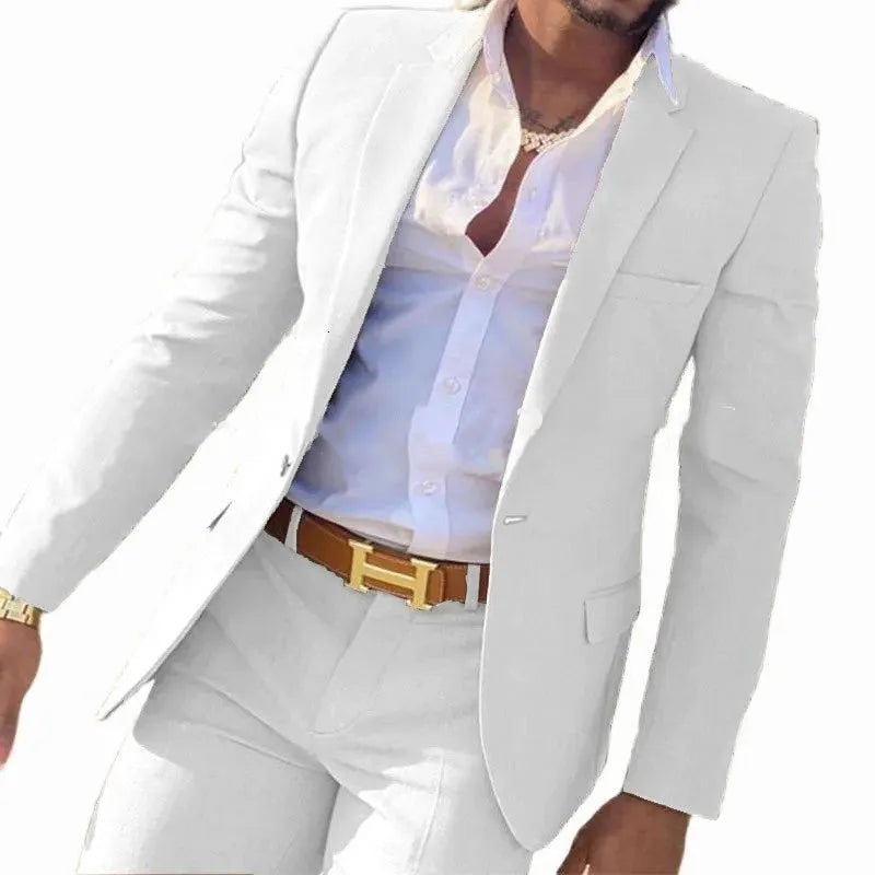 Men's two-piece cotton banquet suit in a choice of colours, showing jacket and trousers.