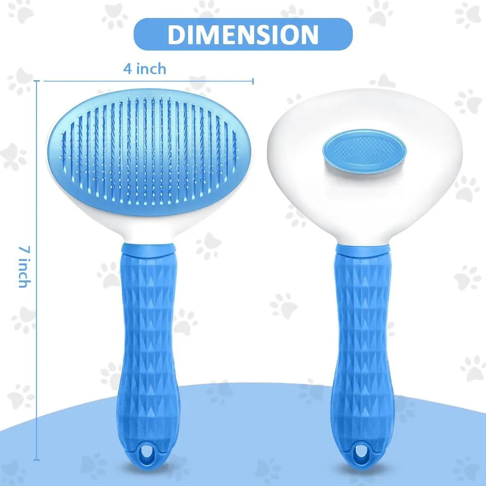 Blue cat grooming brush with release button for removing loose fur from indoor cats