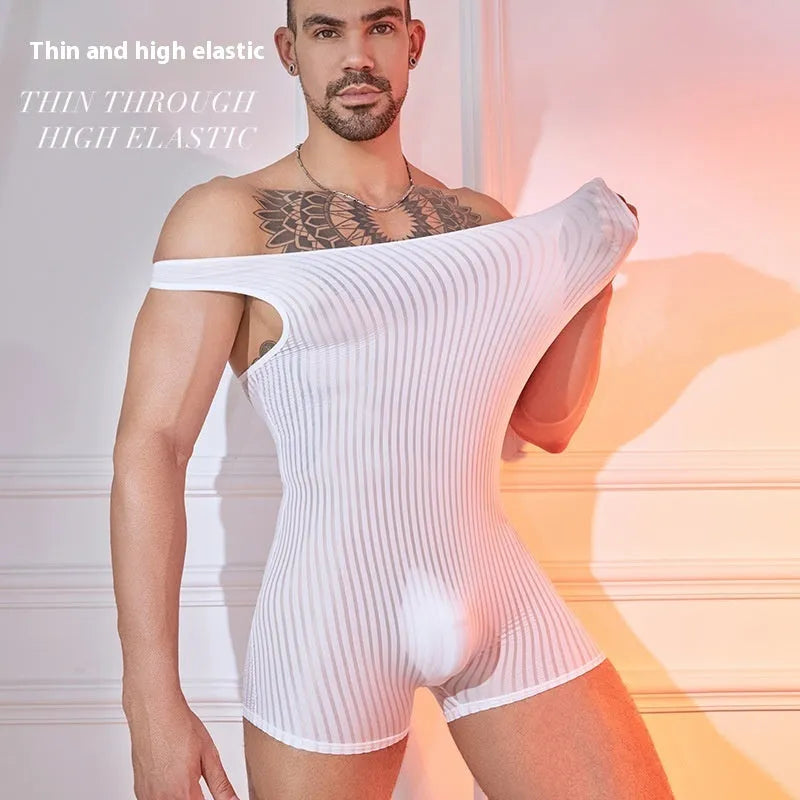 Men's striped nylon jumpsuit in free size available in black, white and dark grey