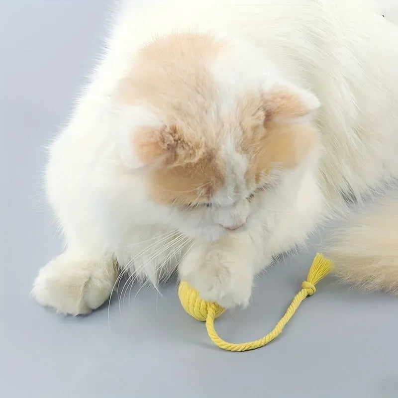 Fabric cat toy ball with rope attached in green, pink, purple, or yellow colours