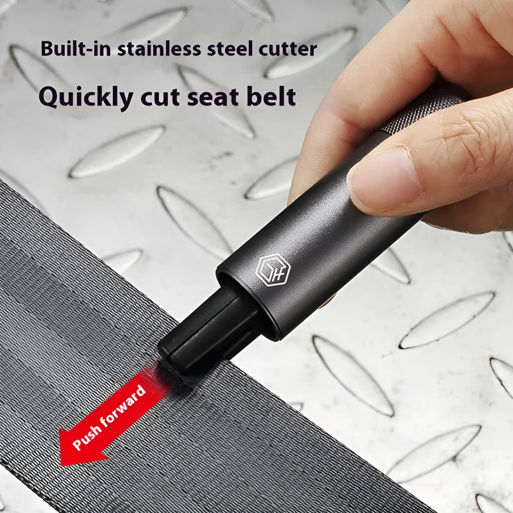 Gun grey aluminium alloy car safety hammer with seatbelt cutter on a 87mm long body