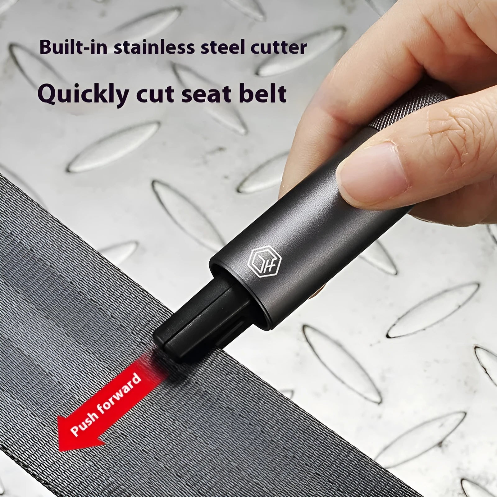 Gun grey aluminium alloy car safety hammer with seatbelt cutter on a 87mm long body