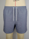 Men's striped beach shorts in light blue with a straight leg and triangle lining.