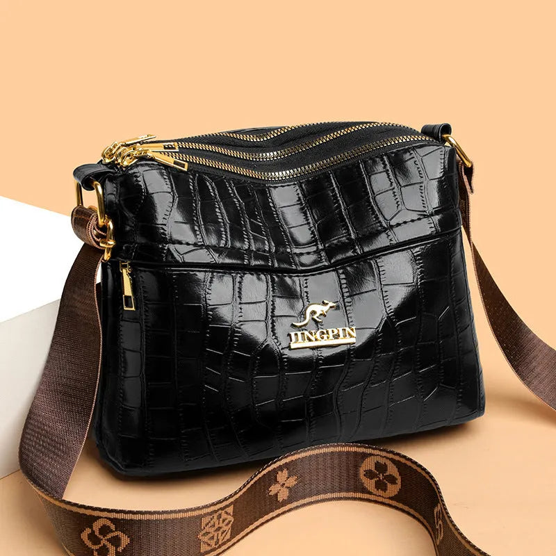Large capacity cross body messenger bag in PU leather with crocodile pattern finish and multiple compartments