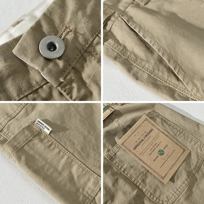 Men's straight-leg cotton casual trousers in apricot, shown flat.