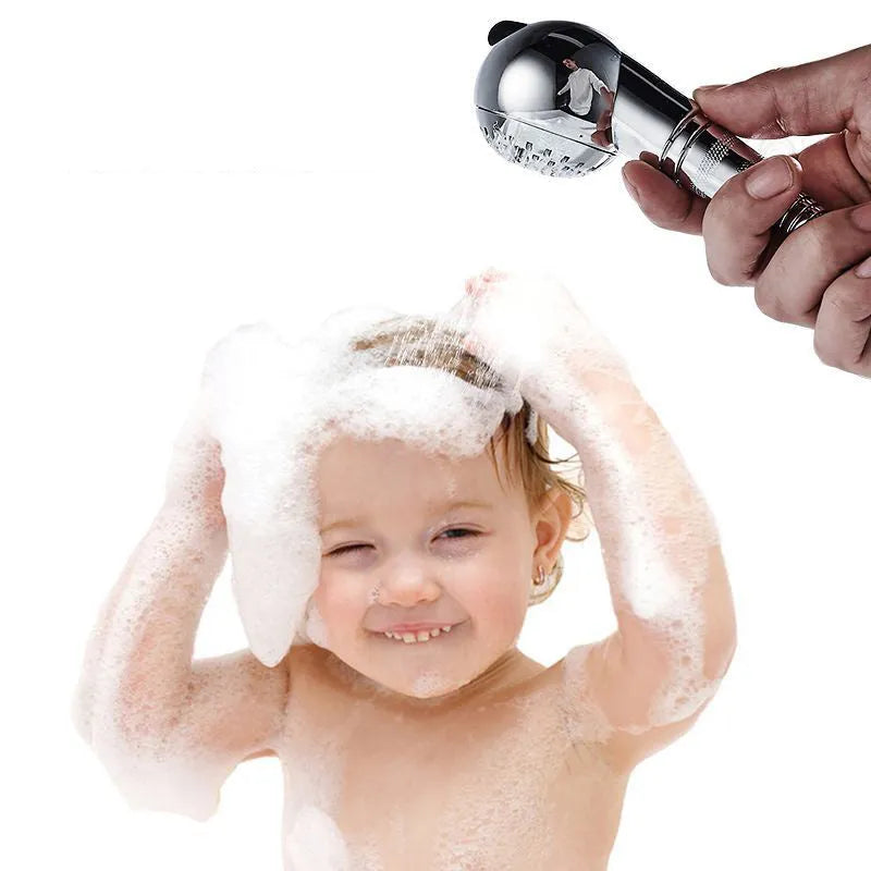 Silver handheld shower head for gentle pet and baby bathing with non-pressurized water flow