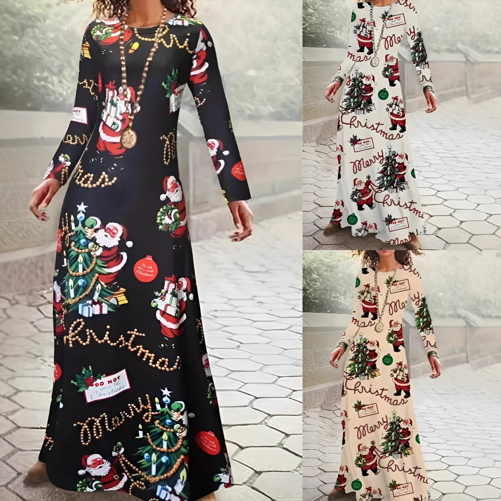 Santa Claus printed long sleeve polyester dress in beige with leather stitching details