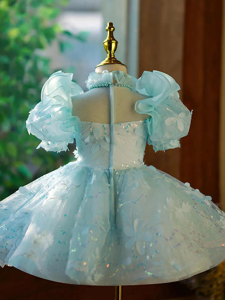 Girls' blue-green satin princess evening dress with back zip fastening, full-length formal gown