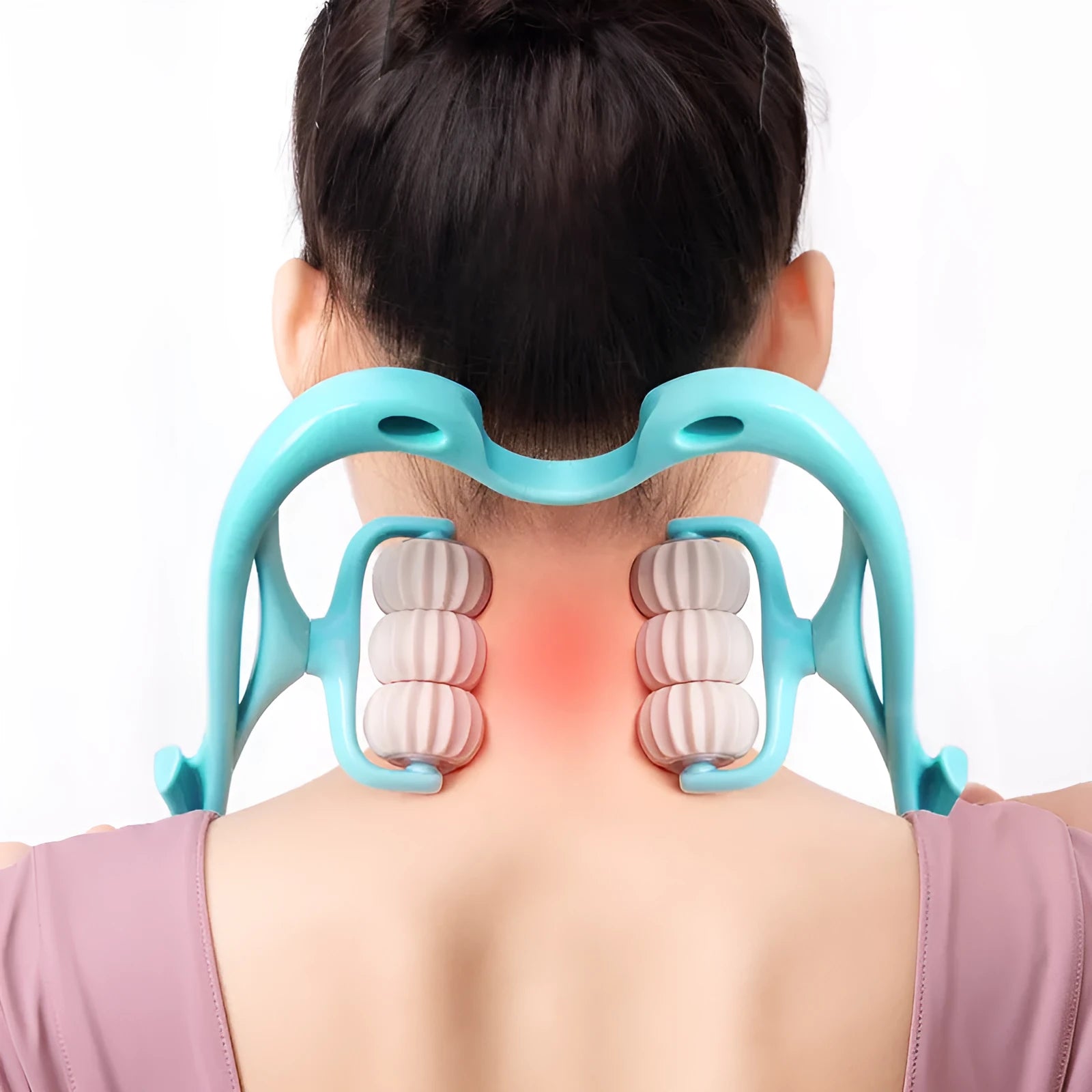 Blue swan-shaped six-wheel neck massager with removable balls and natural jade scraping board on white background